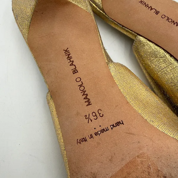 Manolo Blahnik Gold Carolyne Kitten Heel Slingback Pumps Heels Size 36.5 / 6.5 - Image 9