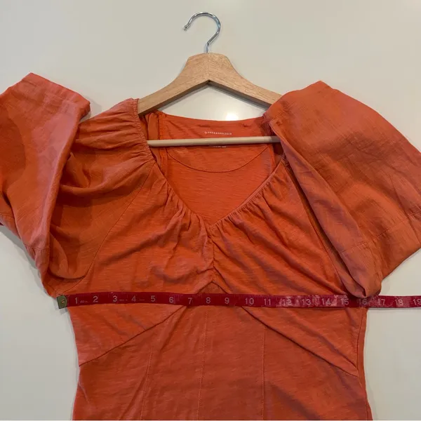 Anthropologie Orange V-Neck Puff Sleeve‎ Boho Cotton Top Size Medium - Image 4