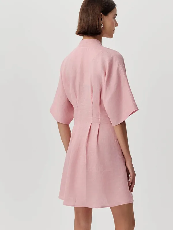 Exquise V-Neck Short Sleeve Mini Dress with Single Button - Image 2