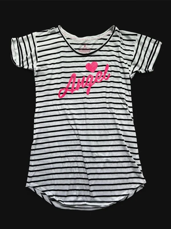 Victoria's Secret black & white striped pajama short sleeve shirt with pink glitter “Angel” graphic - Image 2