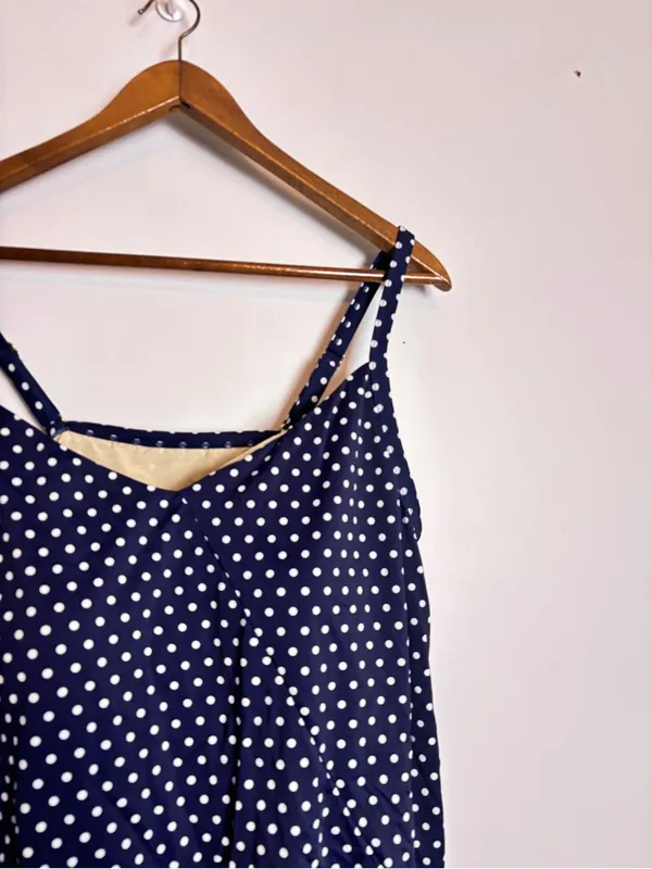 Swimsuits for All Navy Blue Polka Dot Tie-Hem Blouson Style Tankini Swim Top - Image 4