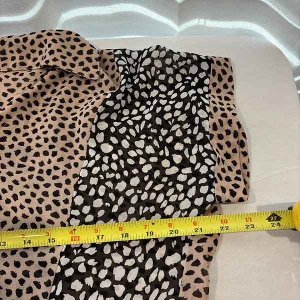 Umgee USA Medium‎ Tan Black Animal Print Button Down Chiffon Short Sleeve Blouse - Image 7
