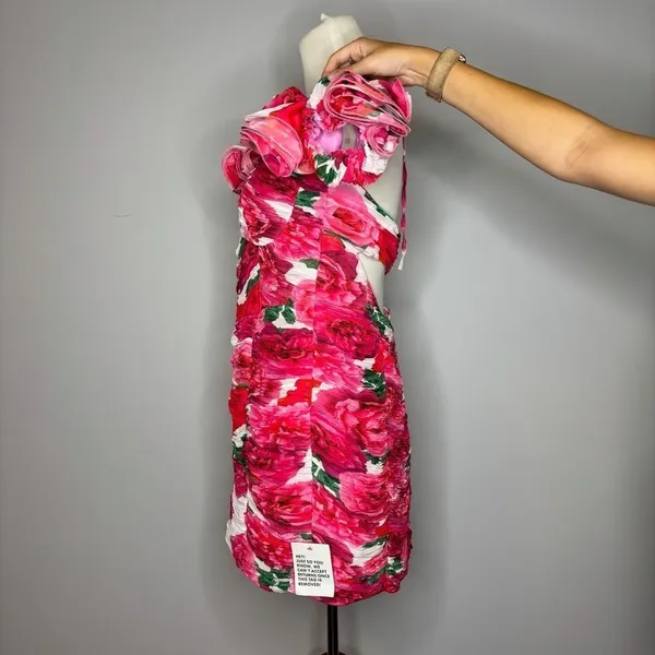 ASOS Luxe- Halter Pink Floral Ruched Mini Dress - Image 5