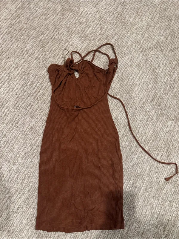 Ribbed Brown Bodycon Midi Dress Size L - Image 2