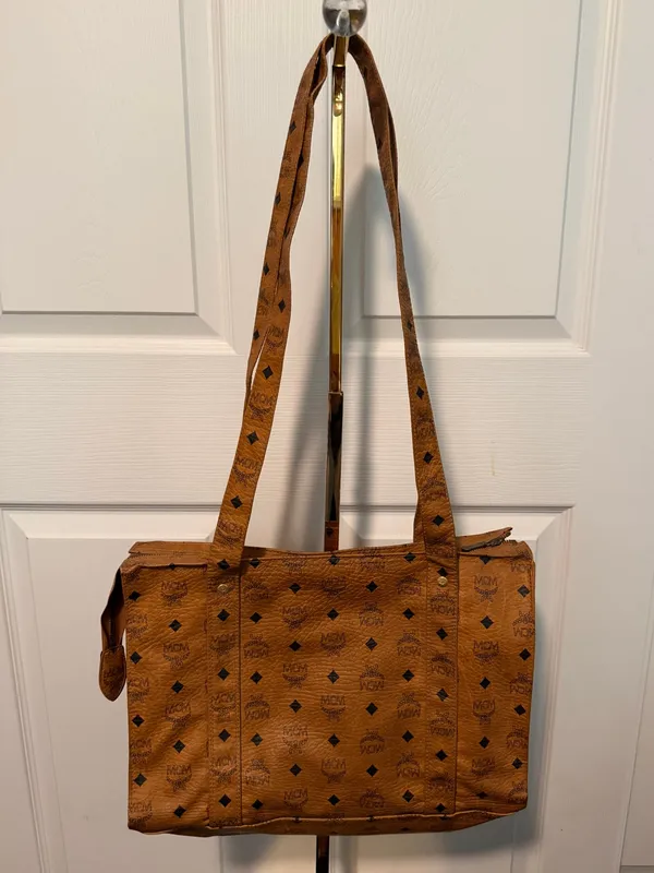 MCM Long Strap Leather Tote Bag Purse Brown Cognac Vintage‎ Authentic - Image 15