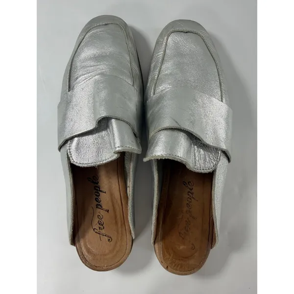 Free People At Ease Loafer Mules Silver Metallic Leather Square Toe Size 36 - Image 6