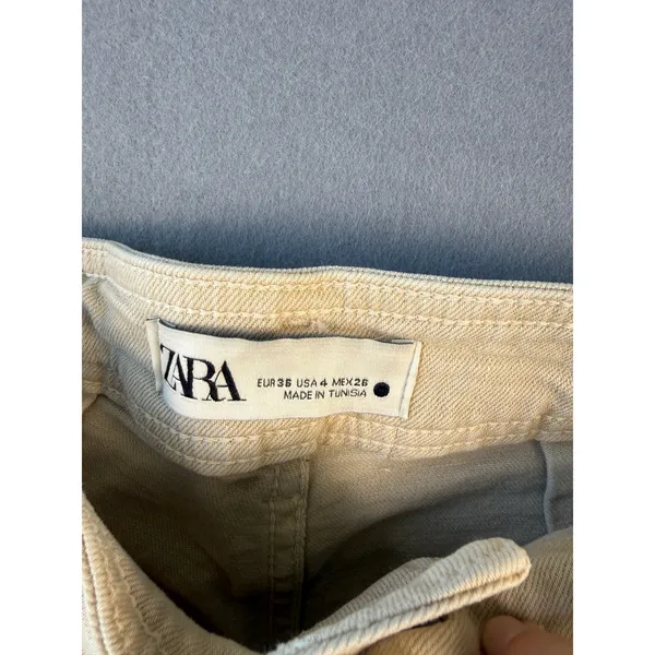 Zara Womens High Waisted Wide Leg Jeans Tan Khaki Raw Hem Size 4 US 26 - Image 7