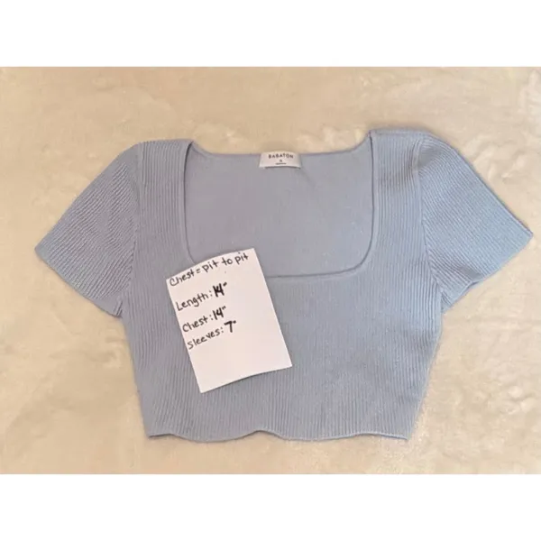 Babaton Sculpt Knit Square Neck Crop Top Light Blue Ribbed Short Sleeve Medium M - Image 5