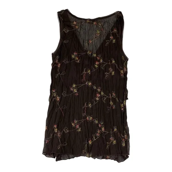 Flamingo size medium tiered vintage Brown Embroidered Top floral boho cottage - Image 2
