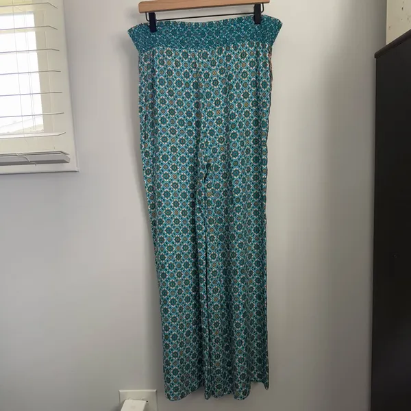 Alice + Olivia Small Russell Pants‎ High Waist Geo Teal Blue Wide Leg Boho Gypsy - Image 2