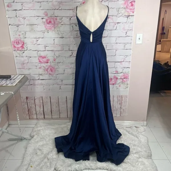 La Femme blue satin v neck ruched bodice ball gown style 28607 - Image 10