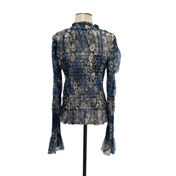 Free People Hello There Top‎ Blouse Smocked Flare Sleeve Mesh Floral Blue Large - Image 9