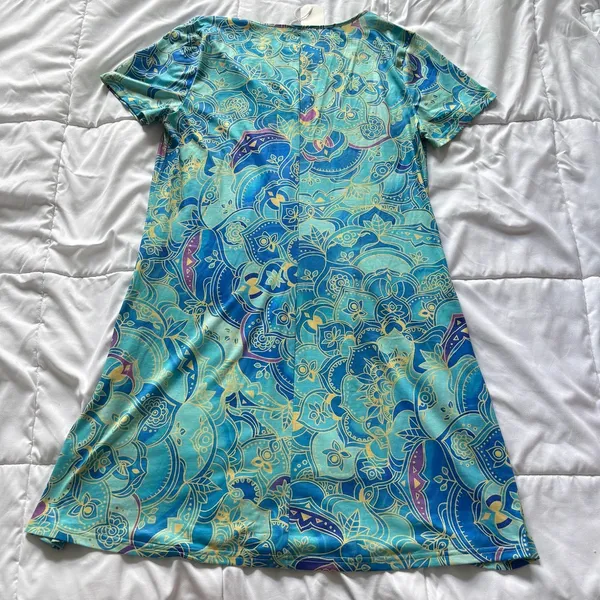 NWT Mandala V-Neck A-Line Midi Dress Blue Turquoise Boho Short Sleeve XL Hippie - Image 6