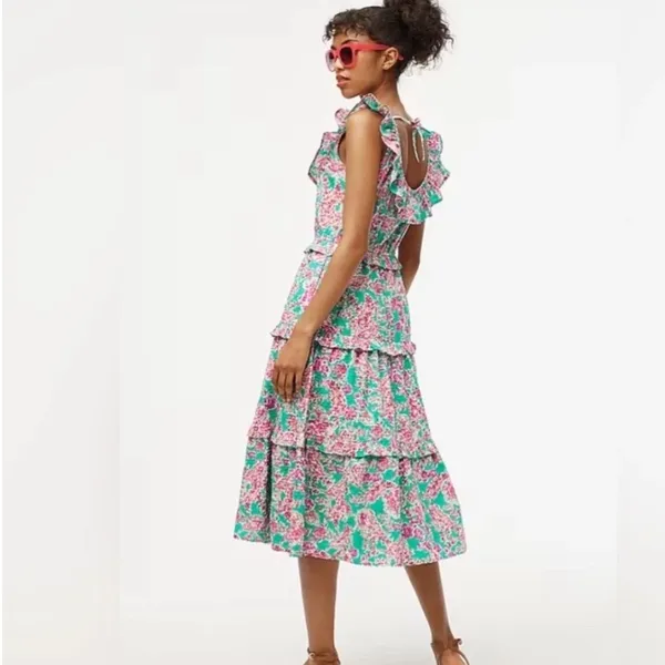 J. Crew Printed Floral Ruffled Tiered Midi Dress Pockets Green & Pink Size‎ 12 - Image 2