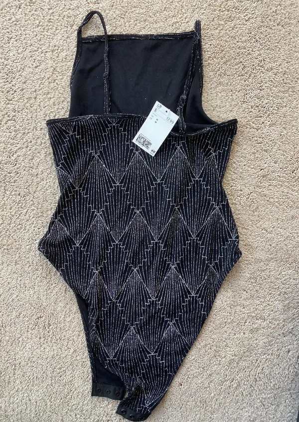H&M NWT  Divided Bodysuit - Black With Silver Glitter Geometric Print - Image 3