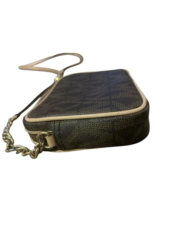 Michael Kors Jet Set Travel Crossbody Bag Brown MK Monogram Small Gold Chain Use - Image 11