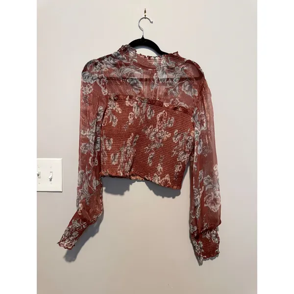 En Saison Womens Rust Floral Smocked Metallic Sheer Crop Top Mock Neck Size M - Image 2