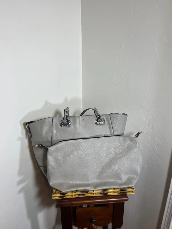 Michael Kors Light Gray Tote with Snake-Print Trim - Image 7