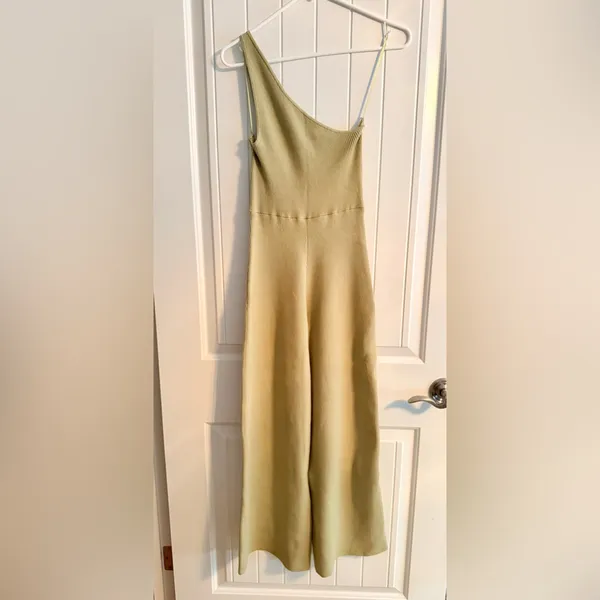 Free People Asymmetric Ribbed One-Shoulder Jumpsuit in Olive Green - Image 3