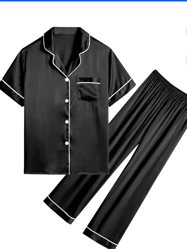 Women's Satin look/ feel Pajama Set - Black with White Piping - Image 2