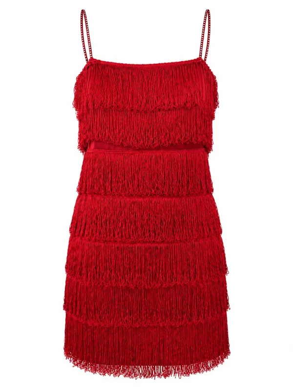 Vintage 90s Rare Roberta Red Fringe Flapper Mini Dress Size Small Cocktail - Image 2