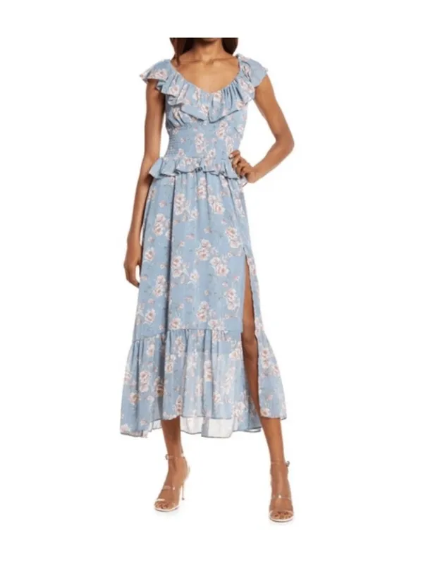 NWOT Floret Studios sz Small Blue Floral Ruffle Maxi Dress with Smocked Waist - Image 3