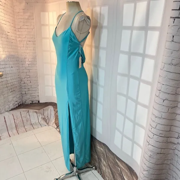 Blashe NWT Turquoise Halter Stretch Satin Crisscross Open Back Long Gown Medium - Image 3