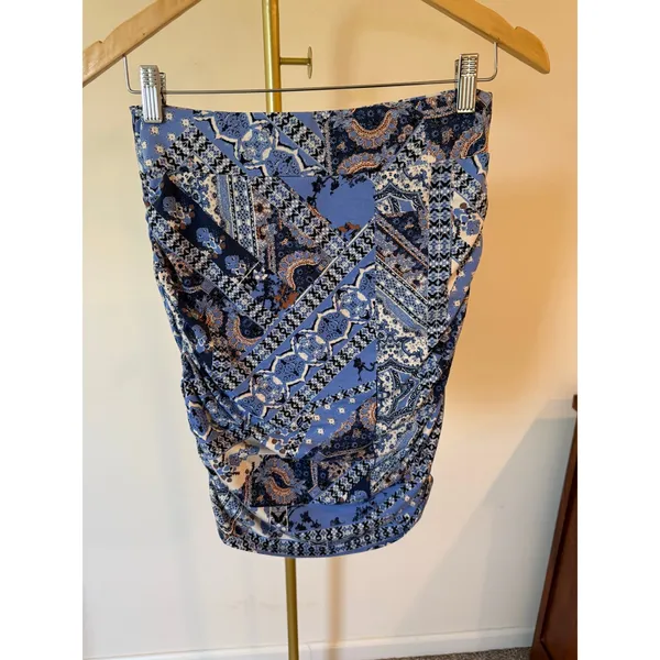 Free People Mini Skirt Womens Small Blue Geometric Print Ruched Detailed Pull On - Image 3