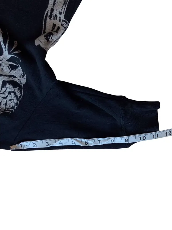 Y2K Crash & Burn Skull Rhinestone Short Sleeve Hoodie Black Size S vintage - Image 5