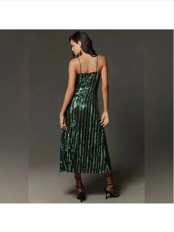 Anthropologie Maeve Green Sequin Stripe Midi Dress - Image 3