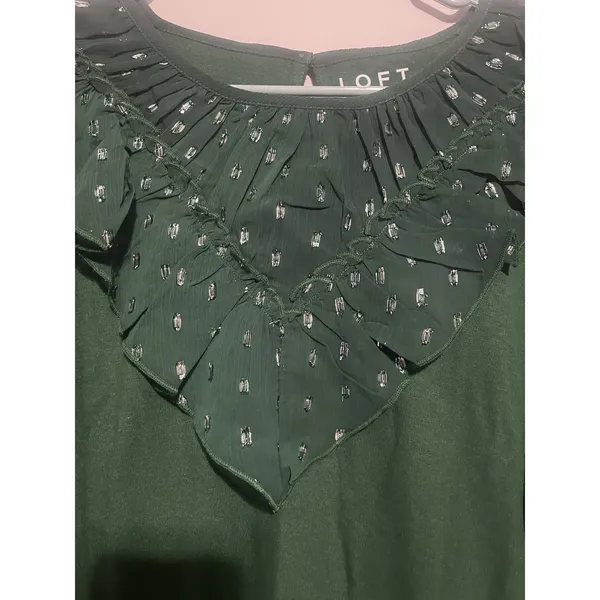 Loft Blouse Womens L Large Green Silver Shimmer Dotted Ruffle Yoke Mixed Media - Image 2