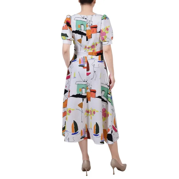 NWT Ny Collection Sleeve Midi Length Jacquard Dress Country Painting White S - Image 3