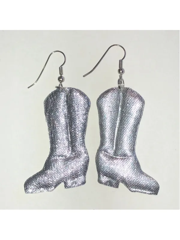 Silver Tone Fabric Cowboy Boot Earrings with Red Stars - Image 5