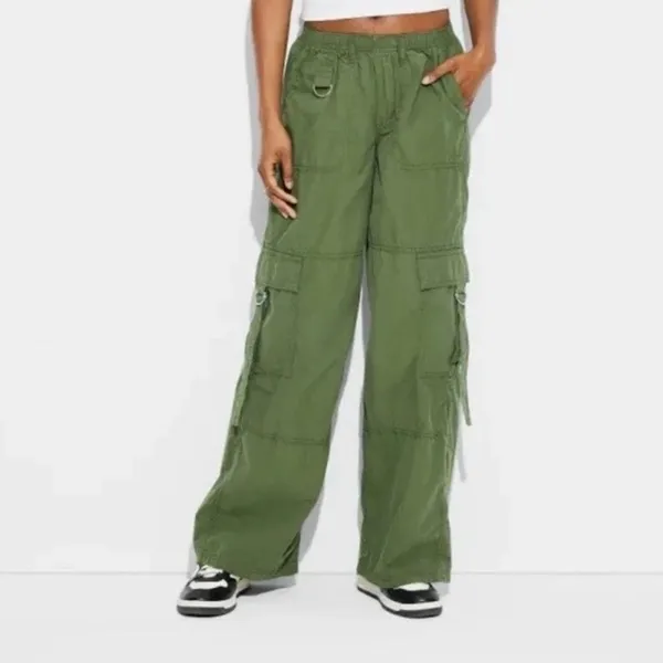 Olive Green Wide Leg Cargo Pants - Image 3