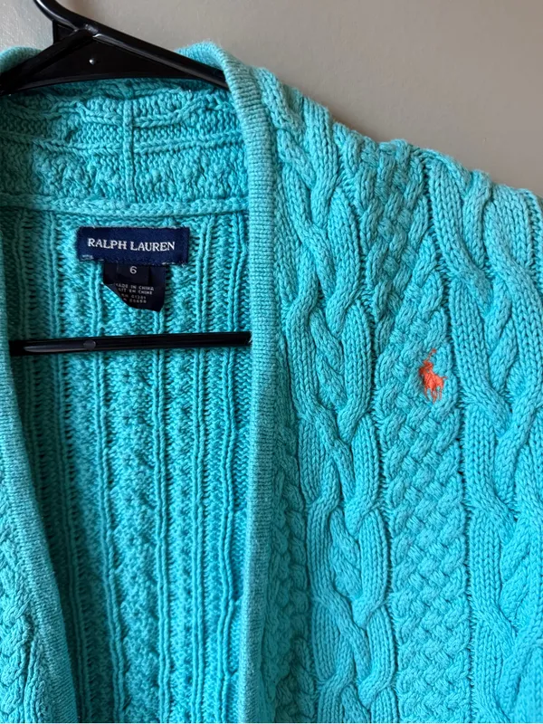 Ralph Lauren Turquoise Cable Knit Open Front Cardigan Size 6 - Image 3