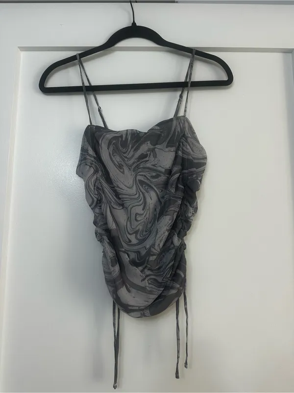 Gray Marble Ruched Cowl Neck Spaghetti Strap Top - Image 2