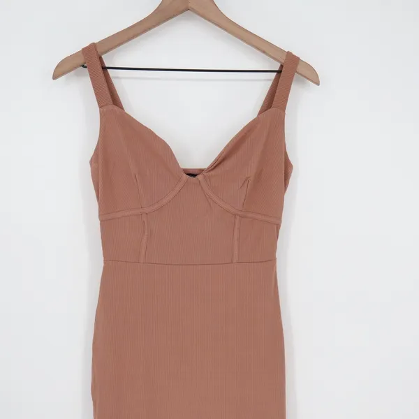Naked Wardrobe Mauve Brown Ribbed Bustier Midi Bodycon Dress NW-D2420 Size L - Image 3
