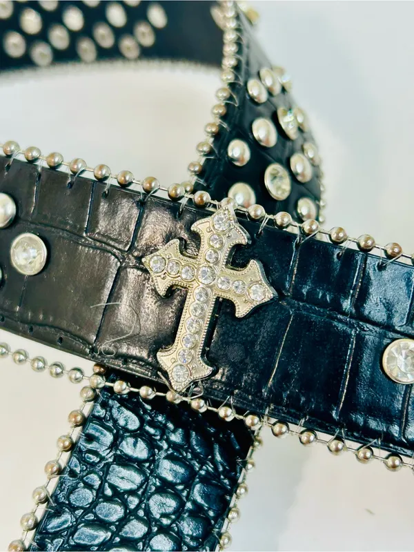 Western Black Leather Belt with Crystal Studded Rhinestones, Engraved Buckke - Image 12