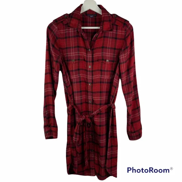 American Eagle Size XS Shirt Dress Red Flannel Plaid Button Front Long Sleeve - Image 2