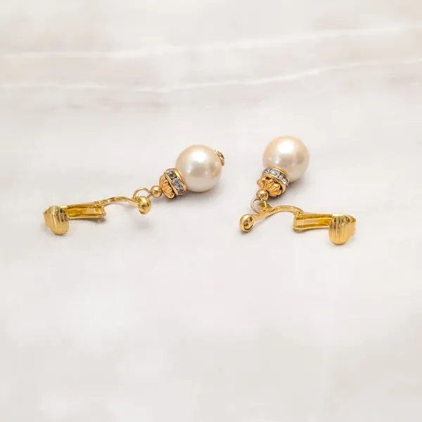 Vintage Clip On Earrings Rich Gold Tone Clear Gems, Faux Pearl Dangle Drop - Image 4