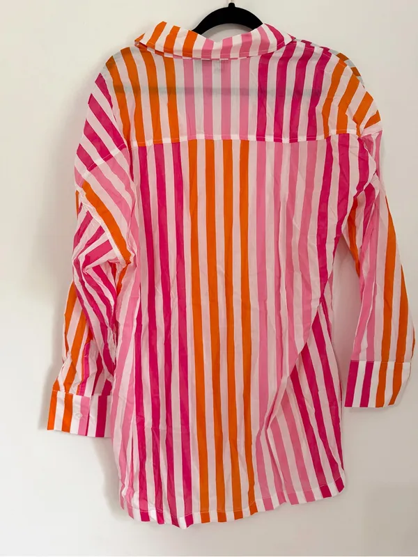 Beach riot stripes button down collared size l/xl pink and orange blouse - Image 3