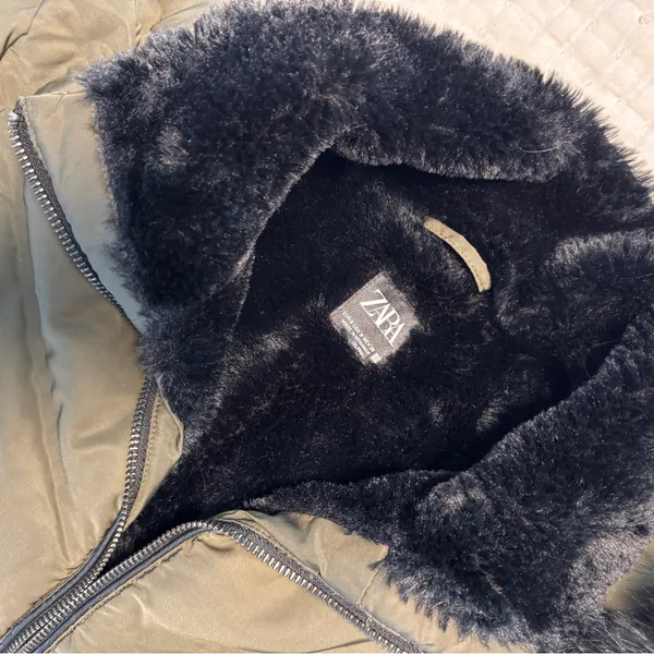 Zara Olive Green Down Puffer Coat Small Faux Fur‎ Hood - Image 6
