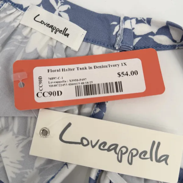 Loveappella Top Womens 1X Blue Ivory Floral Halter Tank Keyhole Back NWT READ - Image 5