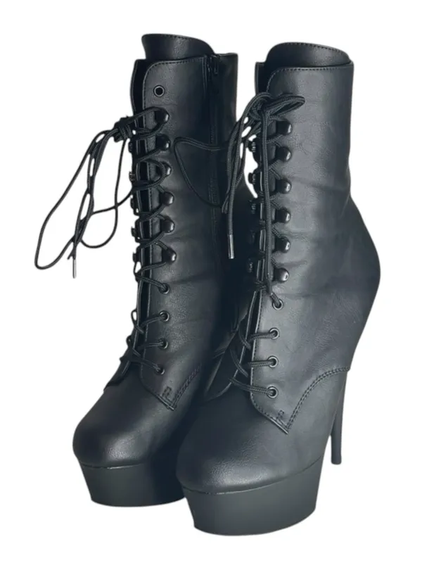 new Pleaser 𖤐 Delight 1020 Platform Stiletto Lace Up Boot 𖤐 Black Faux Leather - Image 10