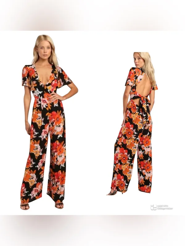 Lulu's Black Floral Wide-Leg Open-Back Jumpsuit size XS - Image 2