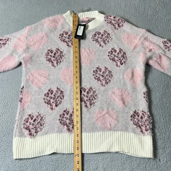 Glitz‎ & Ears Sweater Womens M Pink Cream Fuzzy Leopard Heart Pearl Sweater NEW - Image 8