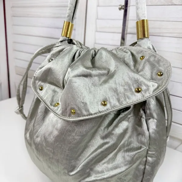 Lily Y2K Satin Studded Drawstring Hobo Pouch Bag‎ Sage Green Silver Gold - Image 5