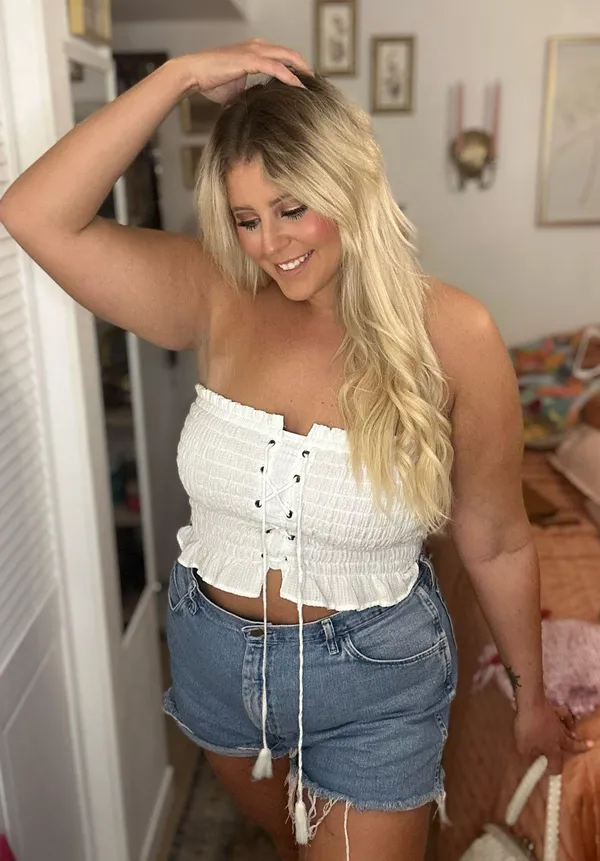 American Eagle Outfitters White Ruffle Tube Top with Lace Up Detailing - Image 4