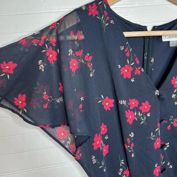 Calvin Klein Women's Floral V-Neck Dress Blue Size 2 Tie Waist Short Sleeve - Image 4