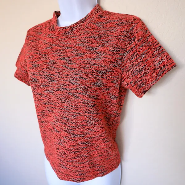 Free People Knit Top Women Size S Red Black Marled Textured Short Sleeve Boucle - Image 7